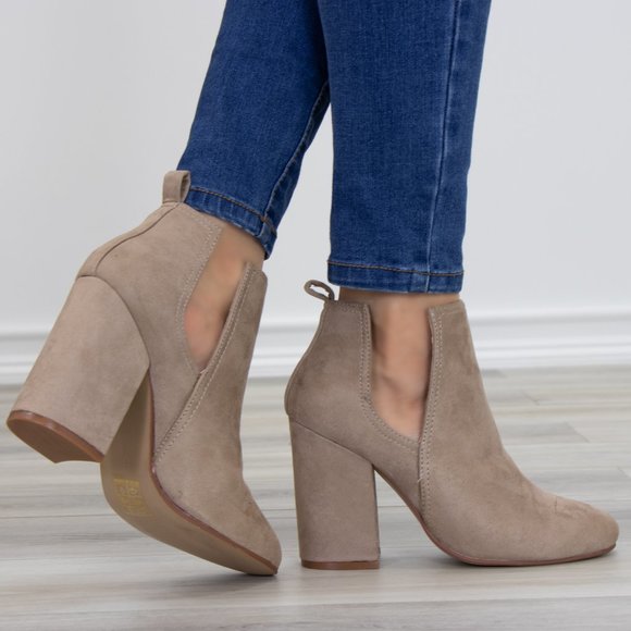 Vegan Suede Tan Cute Ankle Boots W/ Open Sides - Picture 6 of 10